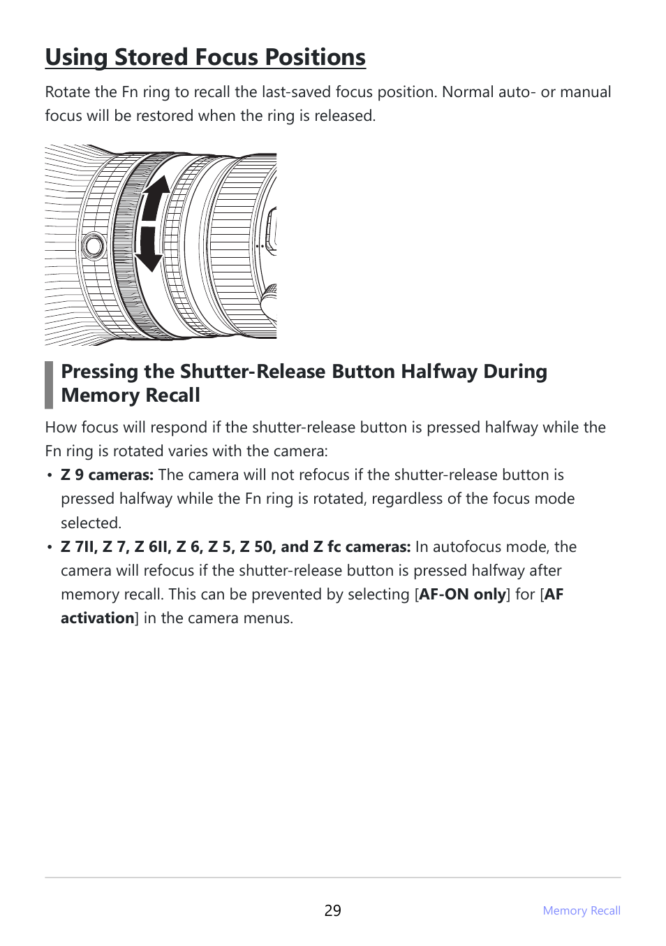 Using stored focus positions | Nikon NIKKOR Z 400mm f/2.8 TC VR S Lens User Manual | Page 29 / 53