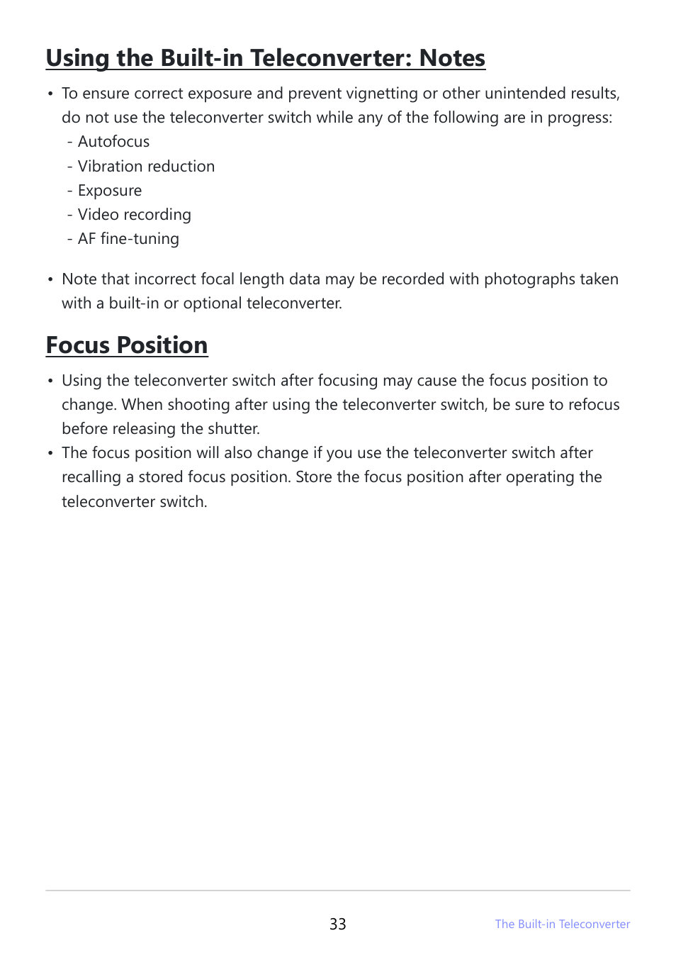 Focus position | Nikon NIKKOR Z 400mm f/2.8 TC VR S Lens User Manual | Page 33 / 53