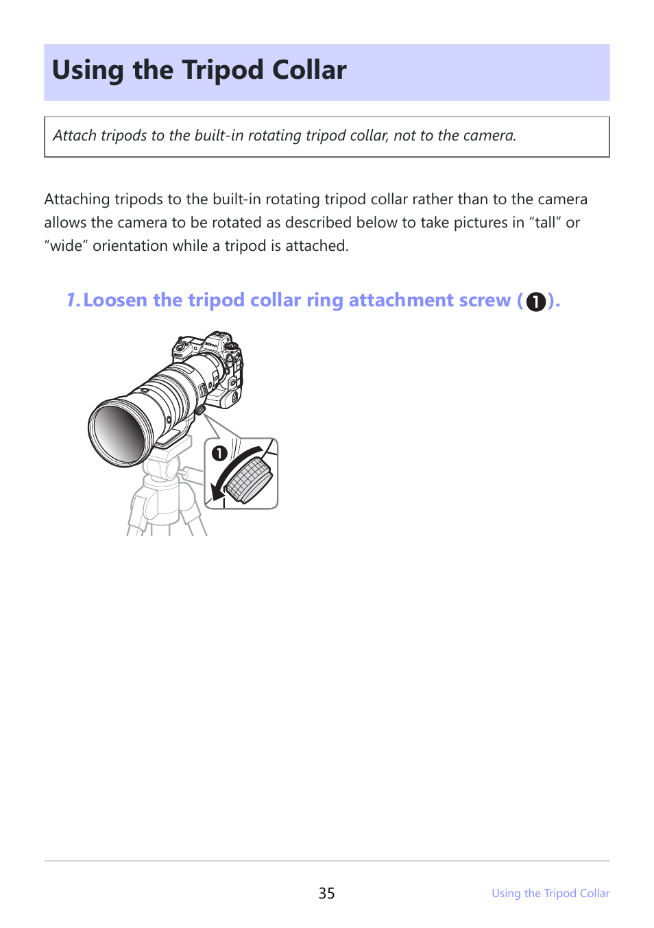 Using the tripod collar, Using the tripod collar” (p.35) | Nikon NIKKOR Z 400mm f/2.8 TC VR S Lens User Manual | Page 35 / 53