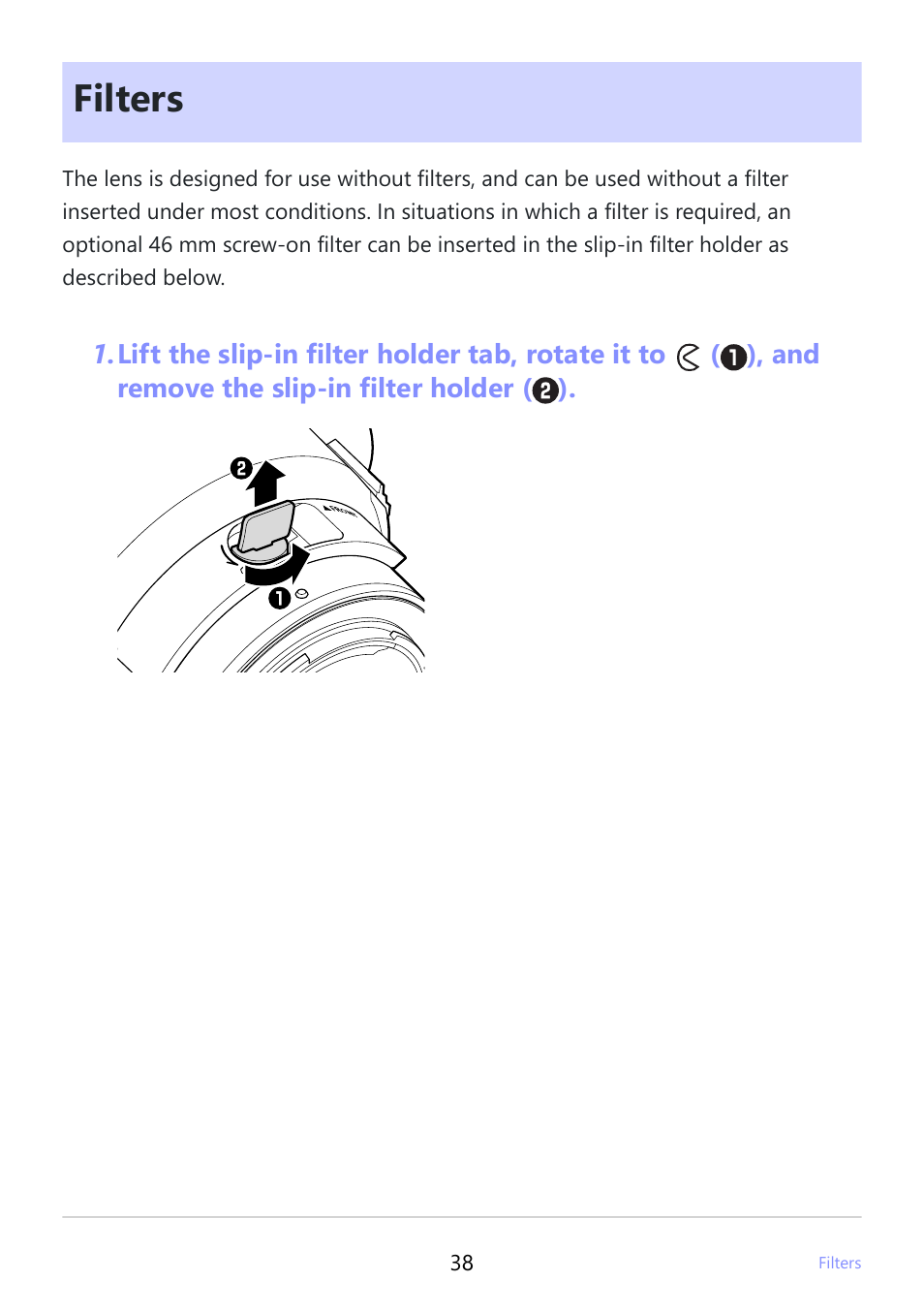 Filters, Filters” (p.38) | Nikon NIKKOR Z 400mm f/2.8 TC VR S Lens User Manual | Page 38 / 53