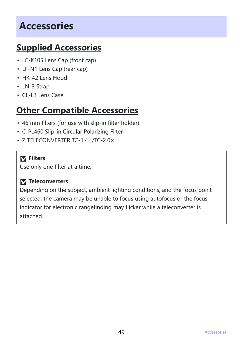 Accessories, Supplied accessories, Other compatible accessories | Nikon NIKKOR Z 400mm f/2.8 TC VR S Lens User Manual | Page 49 / 53
