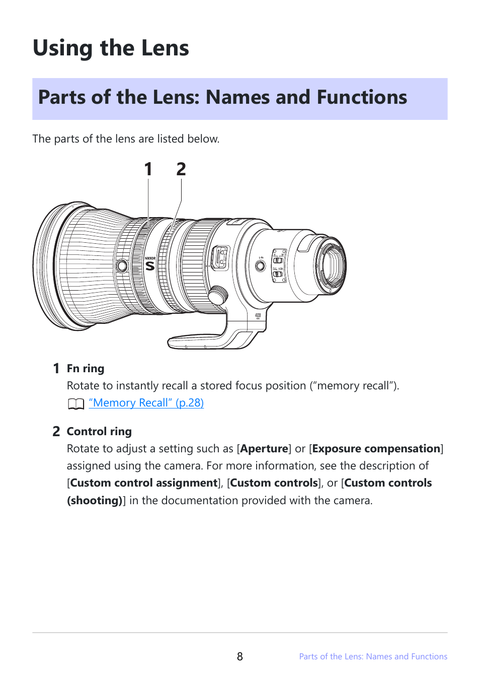 Using the lens, Parts of the lens: names and functions | Nikon NIKKOR Z 400mm f/2.8 TC VR S Lens User Manual | Page 8 / 53