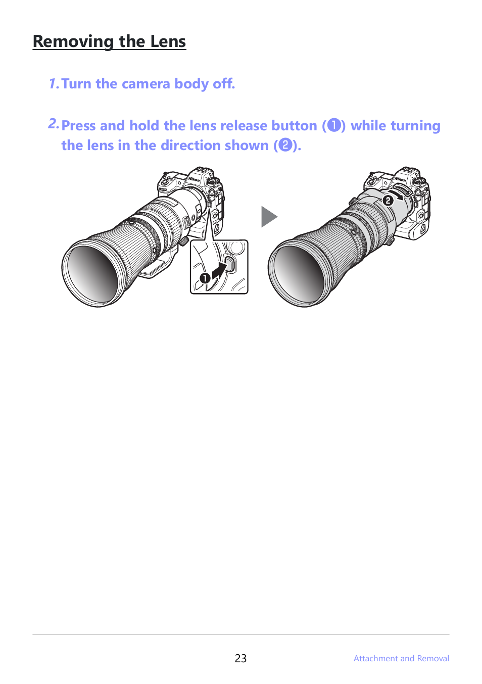 Removing the lens | Nikon NIKKOR Z 600mm f/4 TC VR S Lens (Z) User Manual | Page 23 / 54