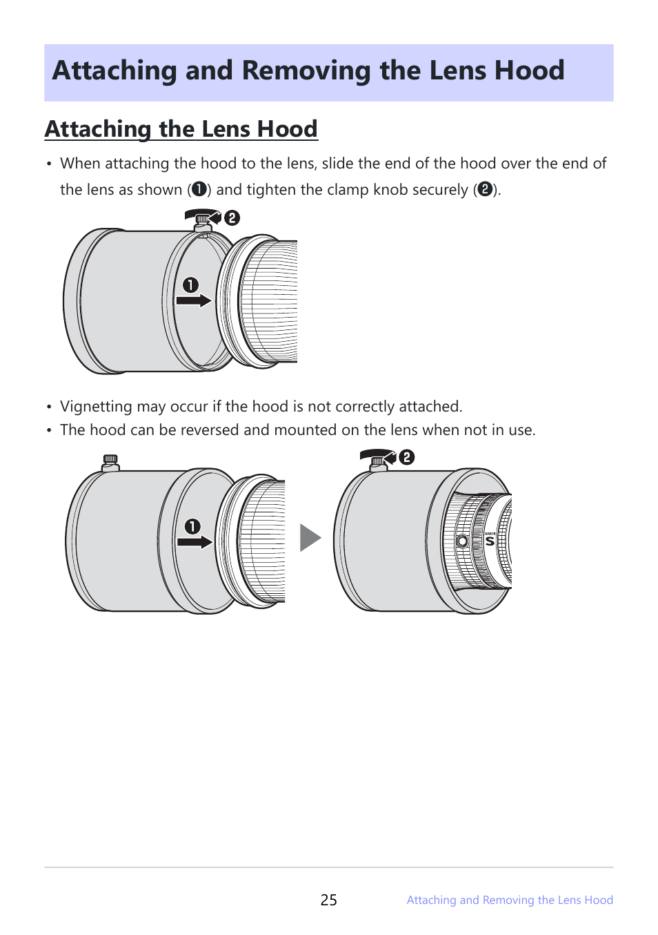 Attaching and removing the lens hood, Attaching the lens hood | Nikon NIKKOR Z 600mm f/4 TC VR S Lens (Z) User Manual | Page 25 / 54