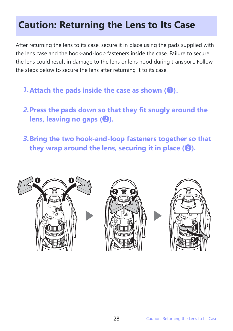 Caution: returning the lens to its case | Nikon NIKKOR Z 600mm f/4 TC VR S Lens (Z) User Manual | Page 28 / 54