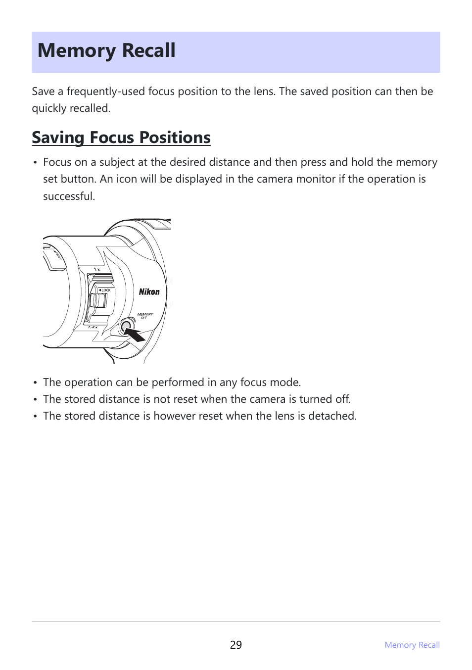 Memory recall, Memory recall” (p.29), Saving focus positions | Nikon NIKKOR Z 600mm f/4 TC VR S Lens (Z) User Manual | Page 29 / 54