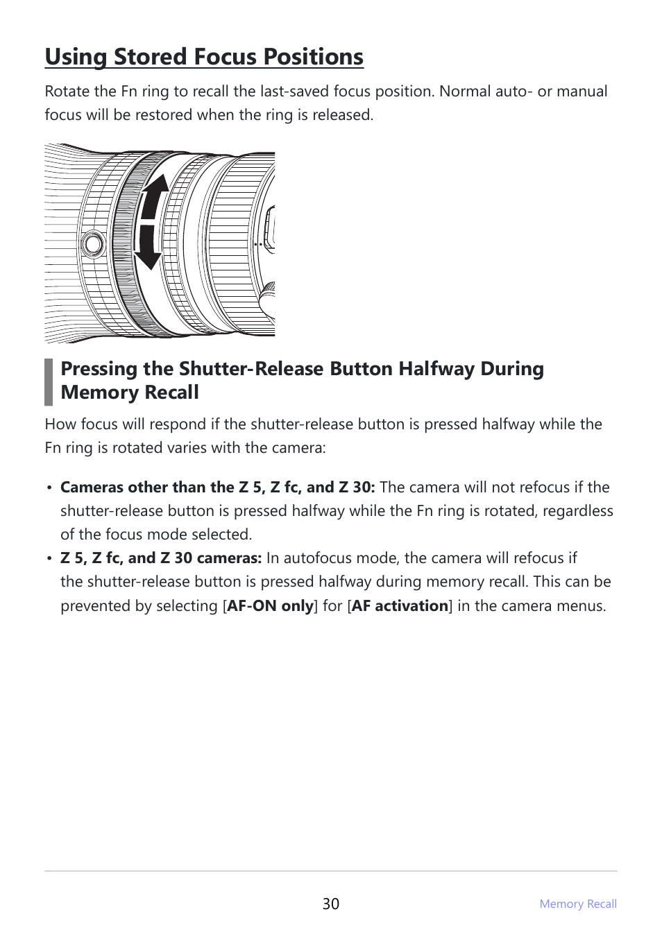 Using stored focus positions | Nikon NIKKOR Z 600mm f/4 TC VR S Lens (Z) User Manual | Page 30 / 54