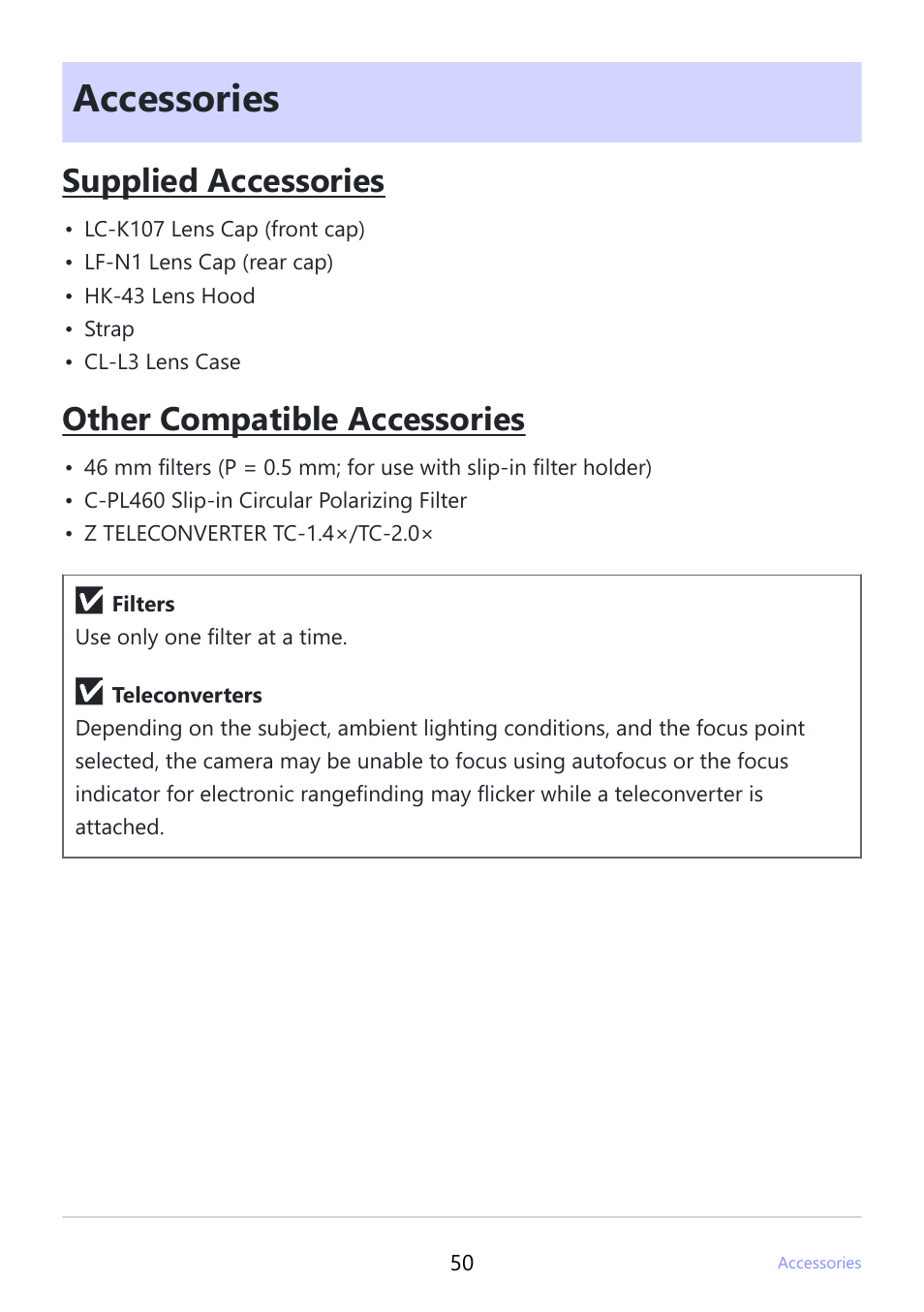 Accessories, Supplied accessories, Other compatible accessories | Nikon NIKKOR Z 600mm f/4 TC VR S Lens (Z) User Manual | Page 50 / 54
