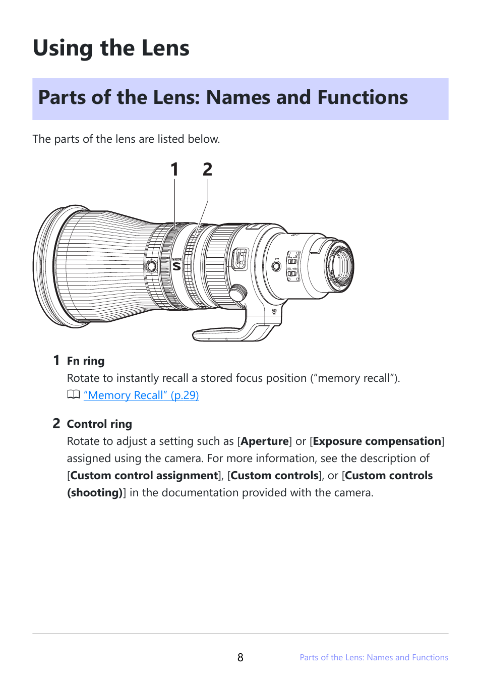 Using the lens, Parts of the lens: names and functions | Nikon NIKKOR Z 600mm f/4 TC VR S Lens (Z) User Manual | Page 8 / 54