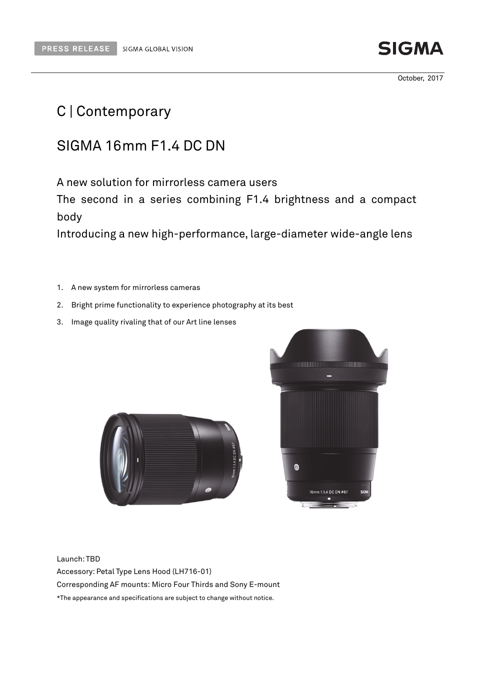 SIGMA 16mm f/1.4 DC DN Contemporary Lens (Z) User Manual | 6 pages