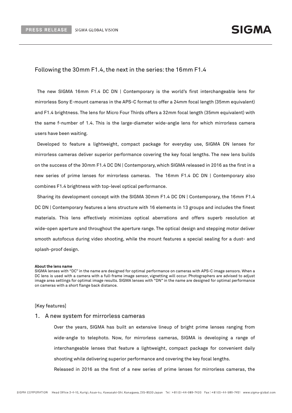A new system for mirrorless cameras | SIGMA 16mm f/1.4 DC DN Contemporary Lens (Z) User Manual | Page 2 / 6