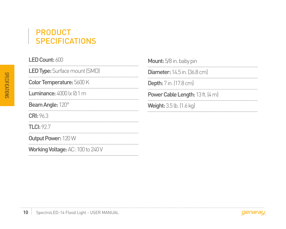 Product specifications | Genaray Octa Softbox for Spectro LED-14 Flood 2-Softbox Kit User Manual | Page 10 / 12