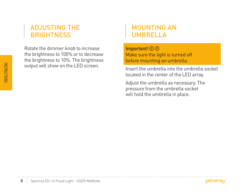 Adjusting the brightness mounting an umbrella | Genaray Octa Softbox for Spectro LED-14 Flood 2-Softbox Kit User Manual | Page 8 / 12