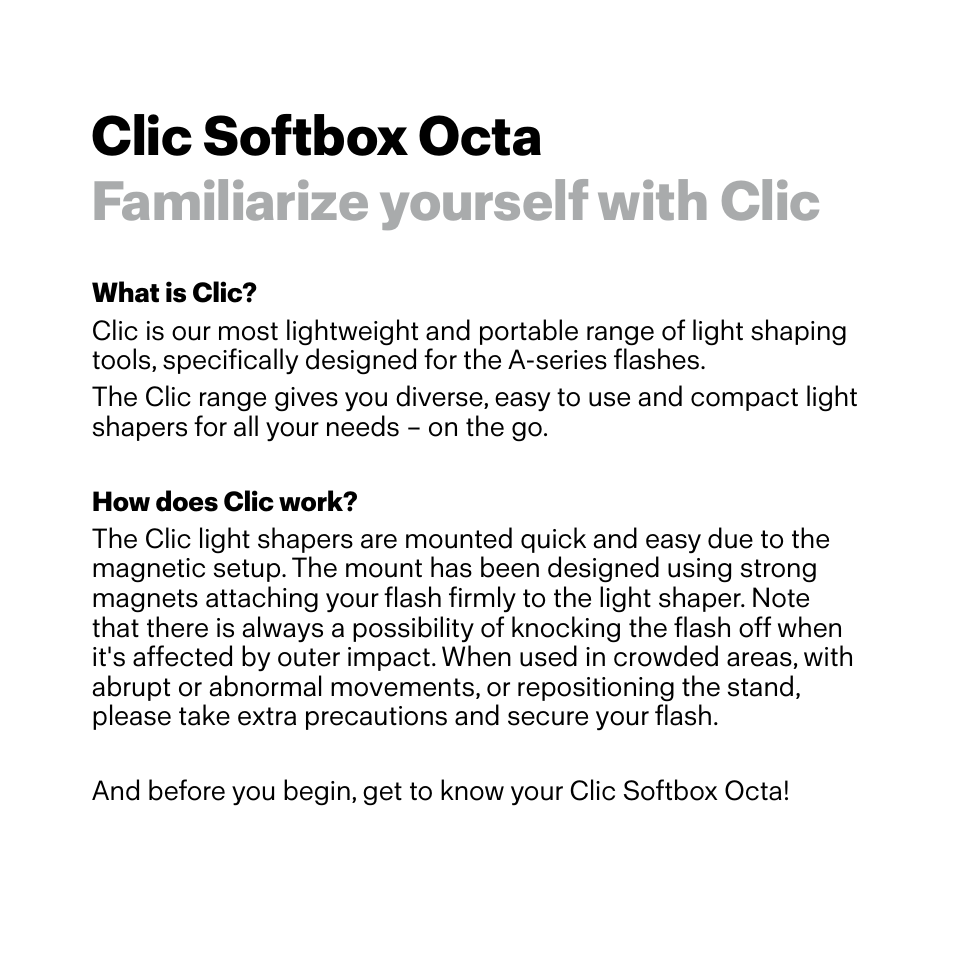 Clic softbox octa familiarize yourself with clic | Profoto Clic Softbox Octa (2.3') User Manual | Page 2 / 11