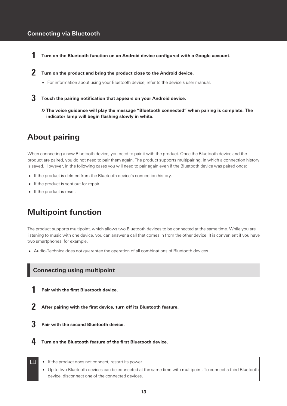 About pairing, Multipoint function, Connecting using multipoint | Audio-Technica ATH-S220BT Wireless On-Ear Headphones (White) User Manual | Page 13 / 30