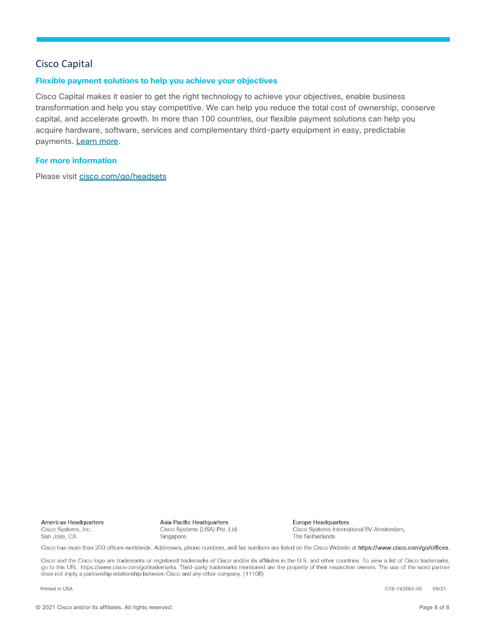 Cisco capital | Cisco 730 Wireless Noise-Canceling Headset (Platinum) User Manual | Page 8 / 8