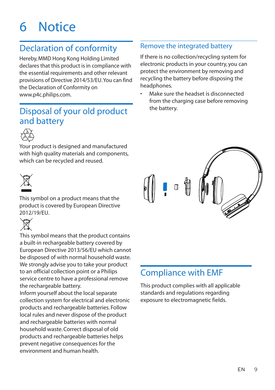 6 notice, Compliance with emf | Philips TAH4205 Wireless On-Ear Headphones (Black) User Manual | Page 10 / 14