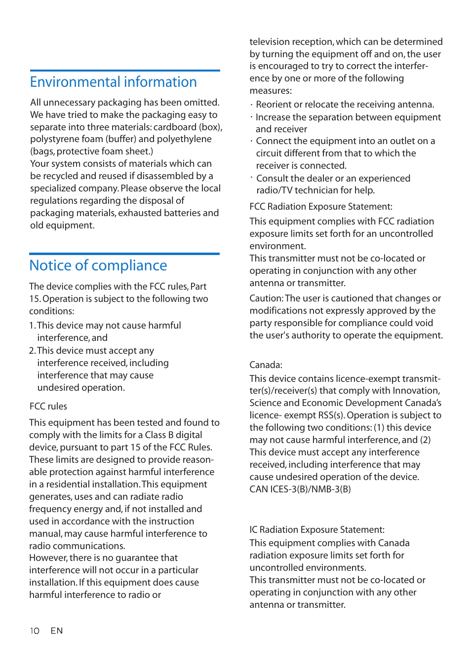 Environmental information, Notice of compliance | Philips TAH4205 Wireless On-Ear Headphones (Black) User Manual | Page 11 / 14