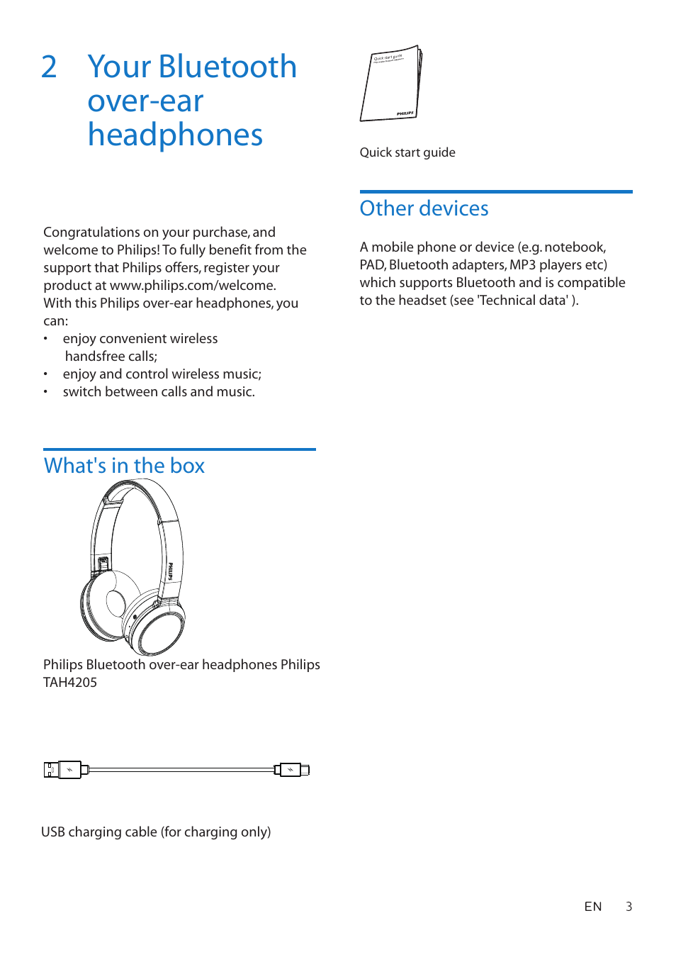 2 your bluetooth over-ear headphones | Philips TAH4205 Wireless On-Ear Headphones (Black) User Manual | Page 4 / 14