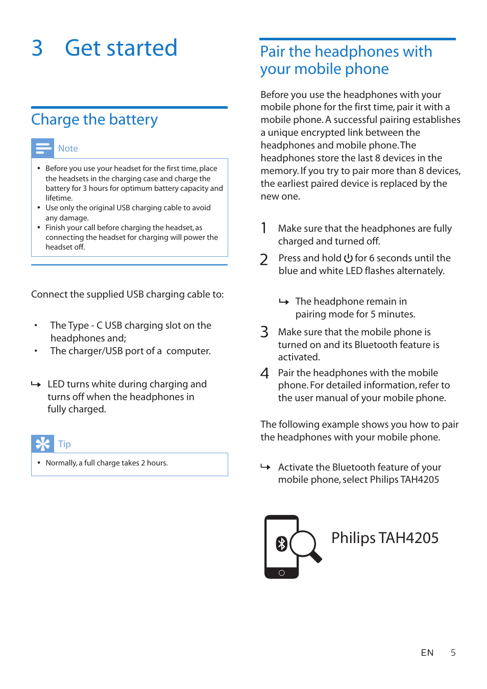 3 get started, Charge the battery, Pair the headphones with your mobile phone | Philips tah4205 | Philips TAH4205 Wireless On-Ear Headphones (Black) User Manual | Page 6 / 14