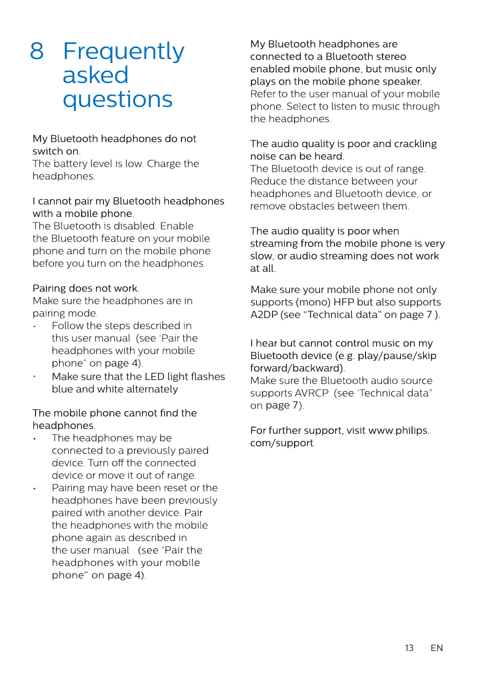 8 frequently asked questions | Philips Kids Wireless On-Ear Headphones (Blue) User Manual | Page 14 / 15