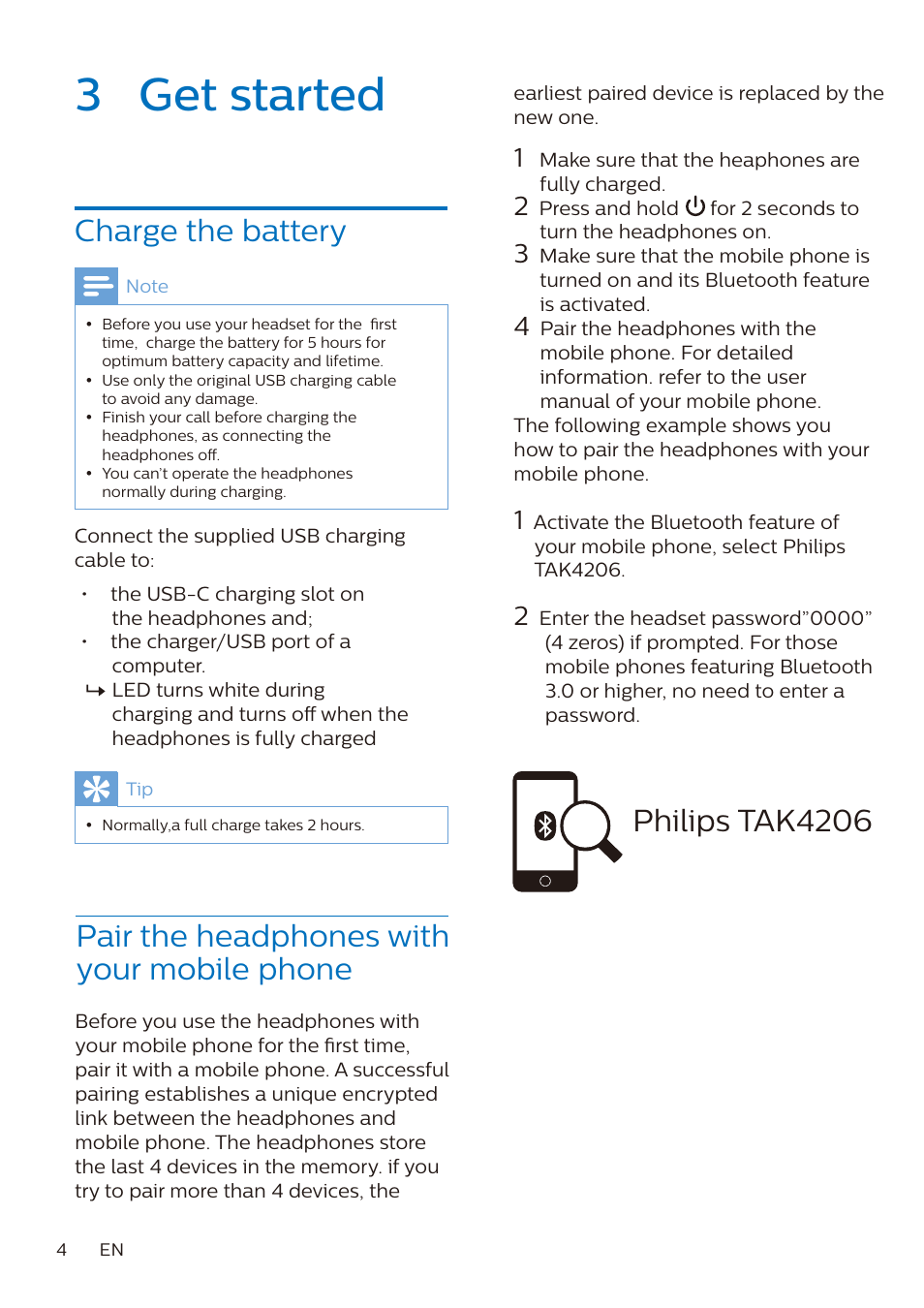 3 get started, Charge the battery, Pair the headphones with your mobile phone | Philips tak4206 | Philips Kids Wireless On-Ear Headphones (Blue) User Manual | Page 5 / 15