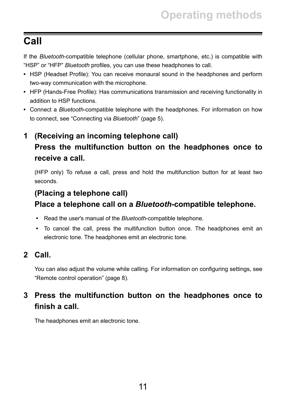 Call, Operating methods, 2 call | Pioneer HDJ-CUE1 Bluetooth DJ Headphones (Matte Red) User Manual | Page 11 / 20