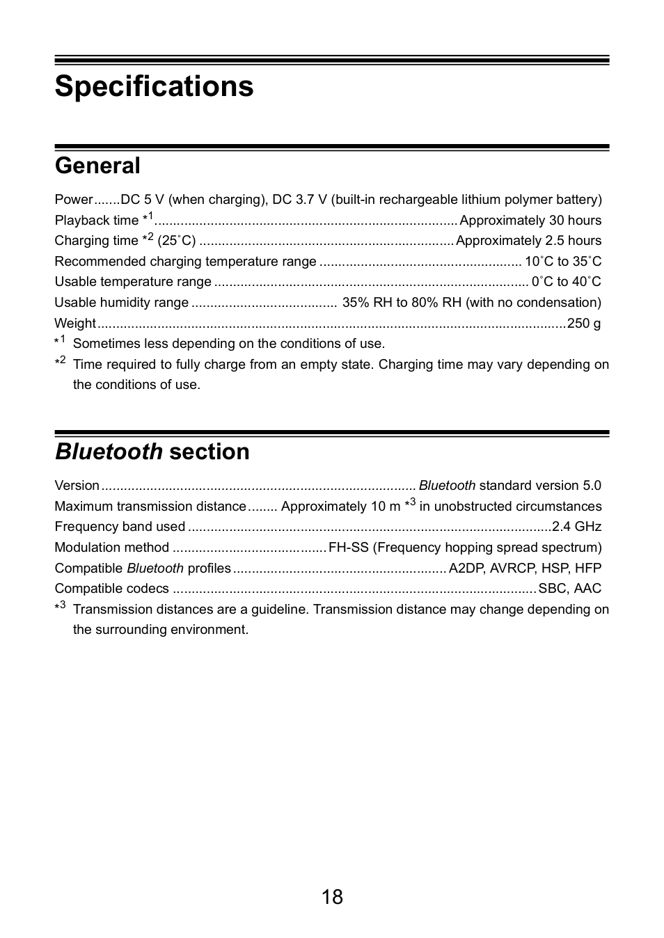 Specifications, General, Bluetooth section | Pioneer HDJ-CUE1 Bluetooth DJ Headphones (Matte Red) User Manual | Page 18 / 20