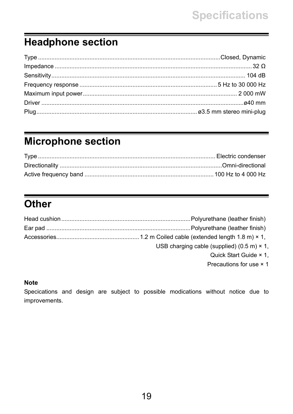 Headphone section, Microphone section, Other | Specifications | Pioneer HDJ-CUE1 Bluetooth DJ Headphones (Matte Red) User Manual | Page 19 / 20