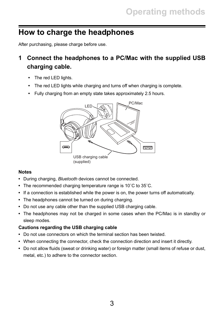 How to charge the headphones, Operating methods | Pioneer HDJ-CUE1 Bluetooth DJ Headphones (Matte Red) User Manual | Page 3 / 20