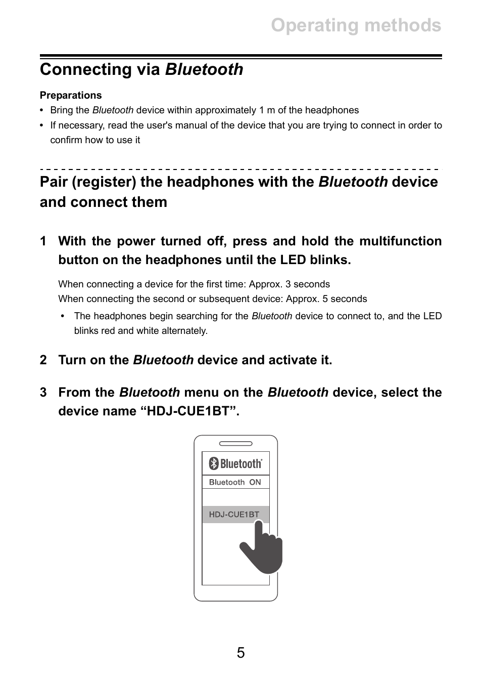 Connecting via bluetooth, Operating methods | Pioneer HDJ-CUE1 Bluetooth DJ Headphones (Matte Red) User Manual | Page 5 / 20