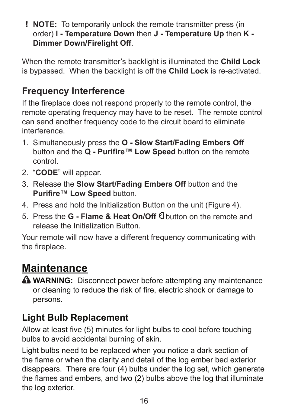 Maintenance, Frequency interference, Light bulb replacement | Dimplex DF3215NH User Manual | Page 16 / 22