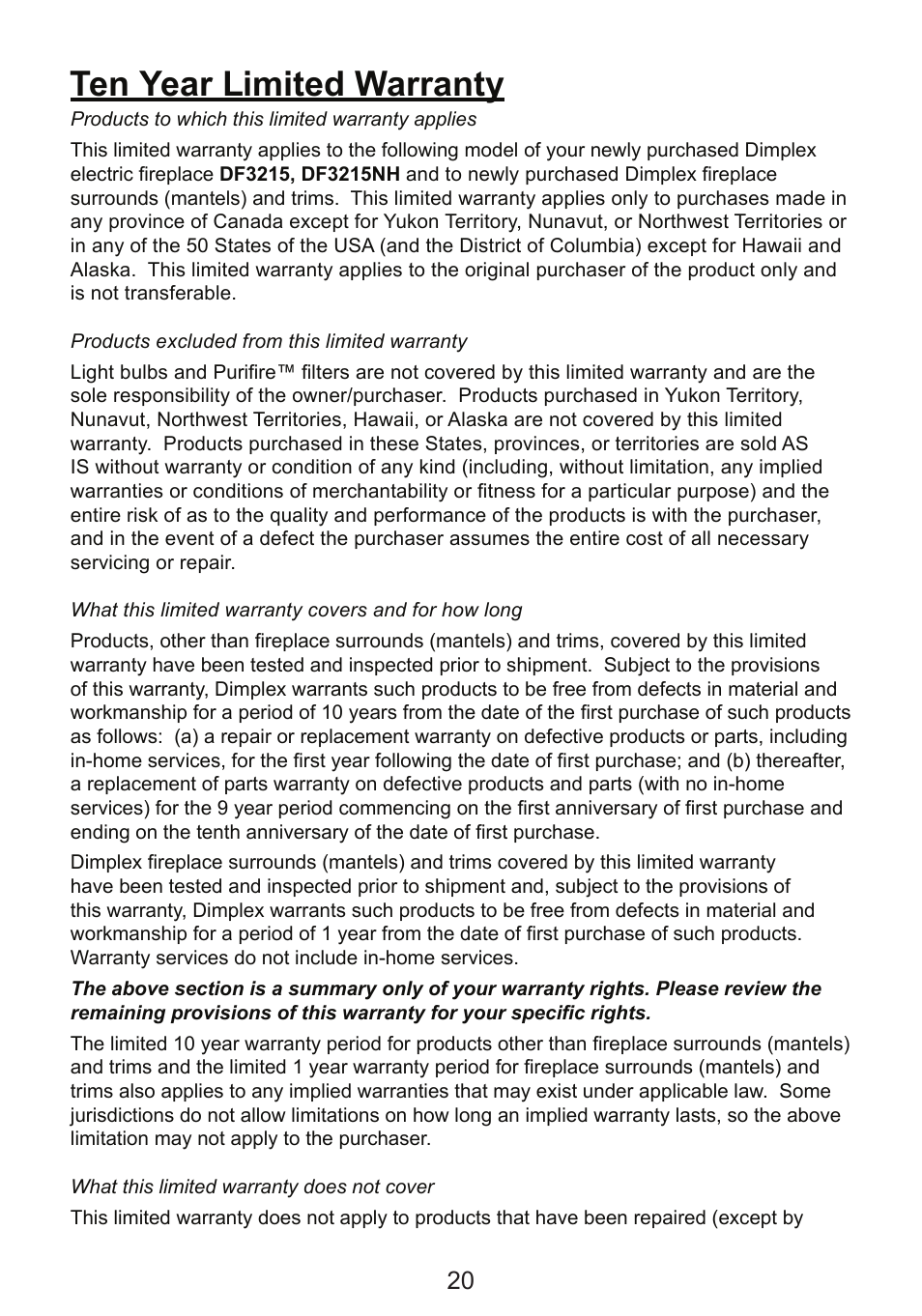 Ten year limited warranty | Dimplex DF3215NH User Manual | Page 20 / 22