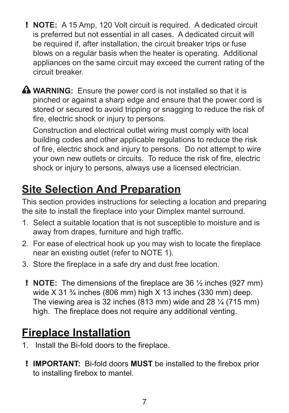 Site selection and preparation, Fireplace installation | Dimplex DF3215NH User Manual | Page 7 / 22