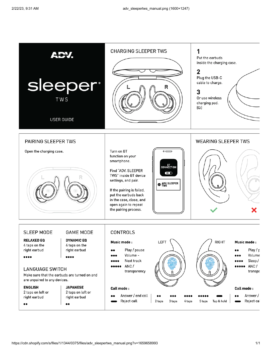 ADV. Sleeper TWS True Wireless Noise-Canceling Earbuds (Beige) User Manual | 1 page