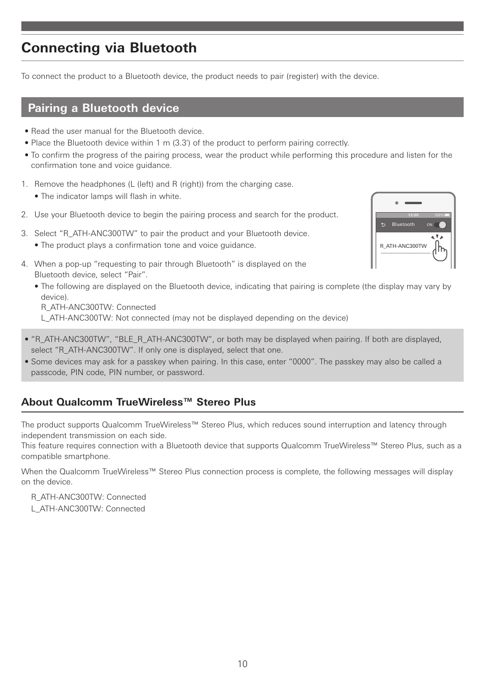 Connecting via bluetooth, Pairing a bluetooth device, About qualcomm truewireless™ stereo plus | Audio-Technica ATH-ANC300TW QuietPoint Noise-Canceling True Wireless In-Ear Headphones User Manual | Page 11 / 23