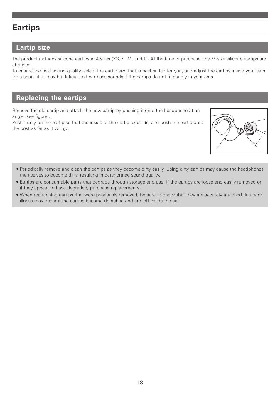 Eartips, Eartip size, Replacing the eartips | Audio-Technica ATH-ANC300TW QuietPoint Noise-Canceling True Wireless In-Ear Headphones User Manual | Page 19 / 23