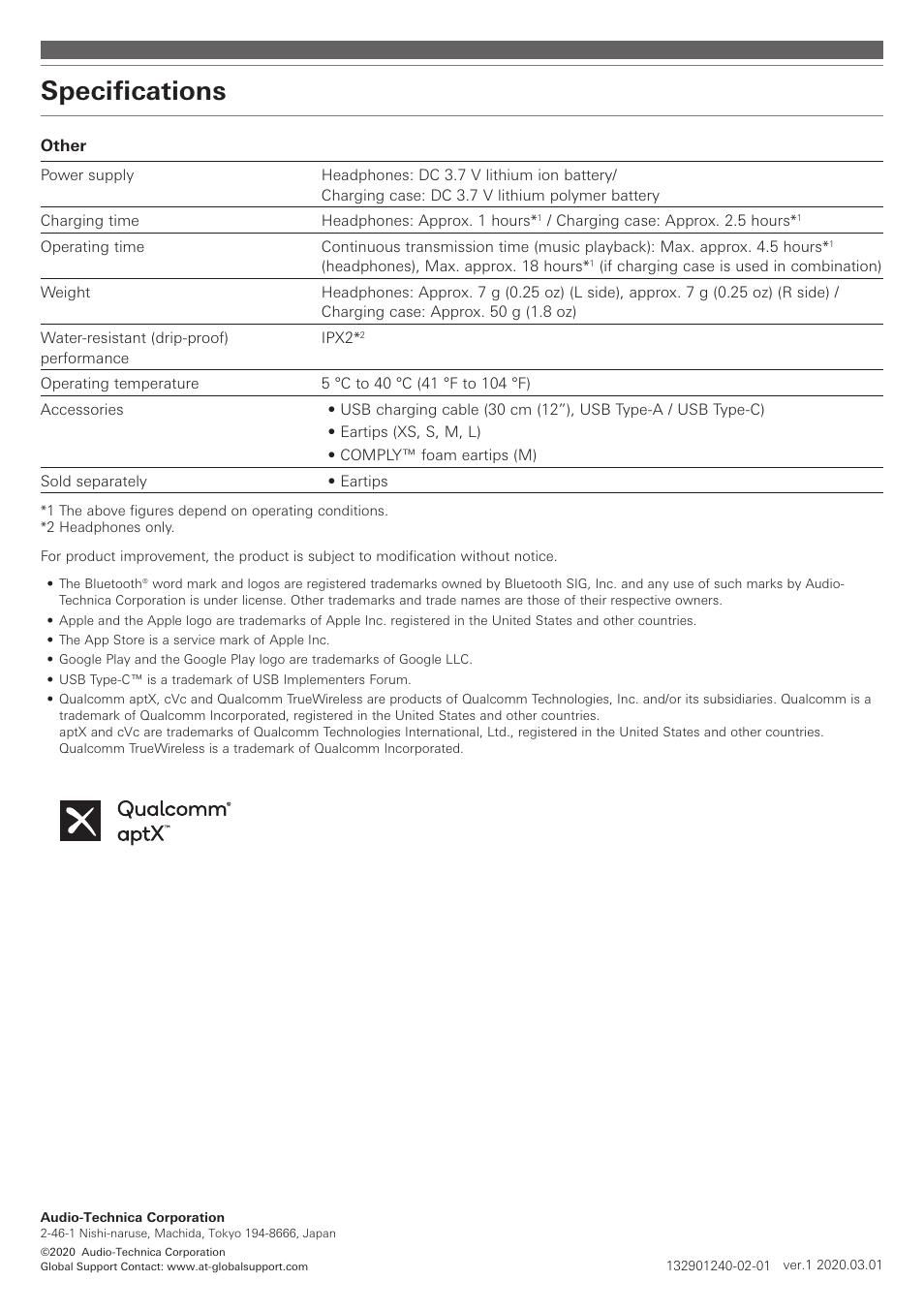 Specifications | Audio-Technica ATH-ANC300TW QuietPoint Noise-Canceling True Wireless In-Ear Headphones User Manual | Page 23 / 23