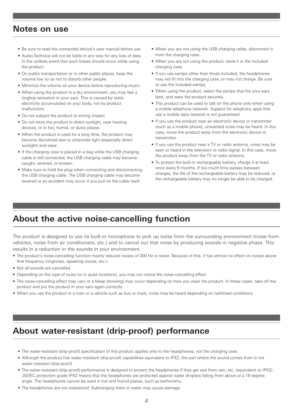 Notes on use, About the active noise-cancelling function, About water-resistant (drip-proof) performance | Audio-Technica ATH-ANC300TW QuietPoint Noise-Canceling True Wireless In-Ear Headphones User Manual | Page 5 / 23
