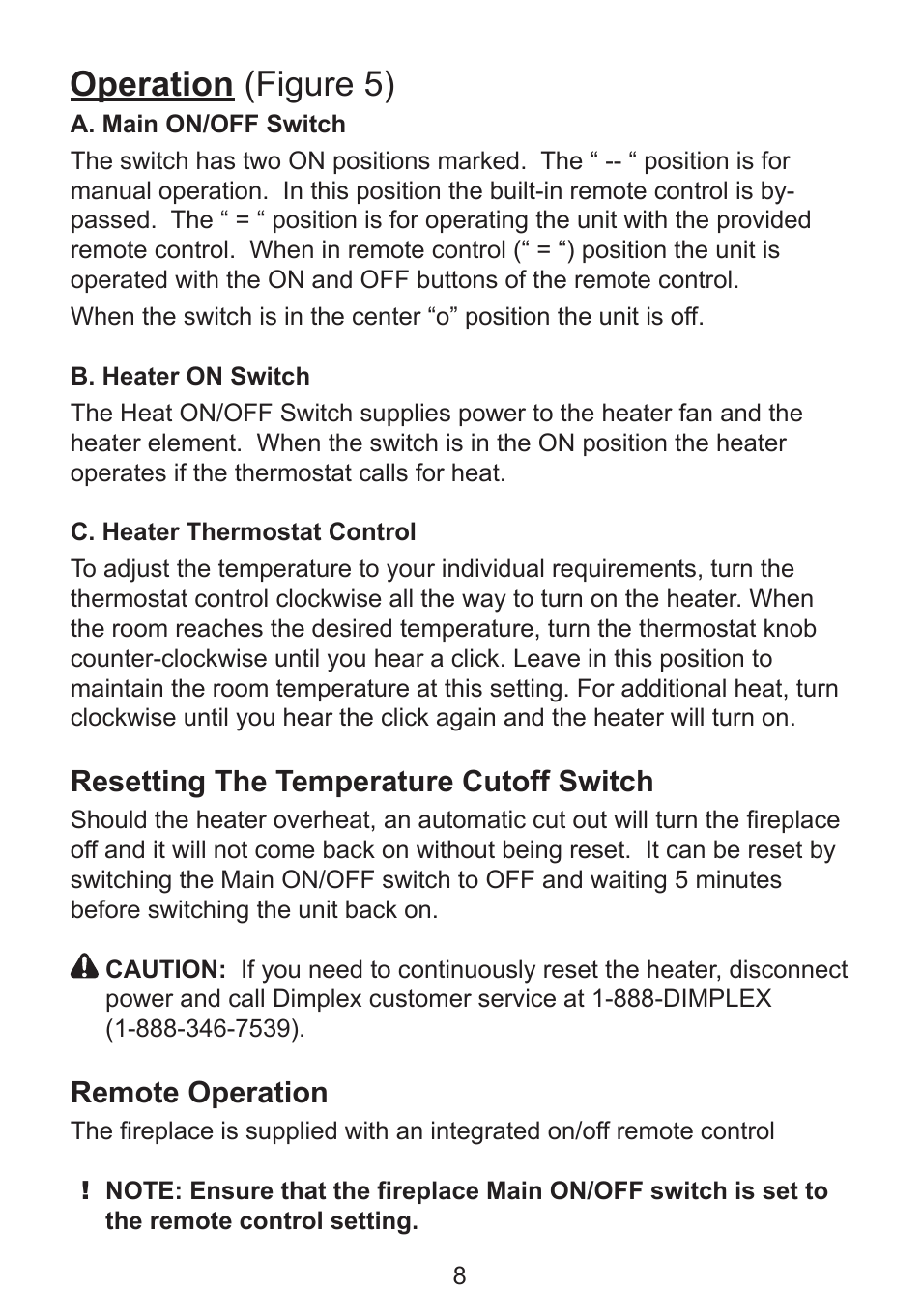 Operation (figure 5), Resetting the temperature cutoff switch, Remote operation | Dimplex DF2426GB User Manual | Page 11 / 17