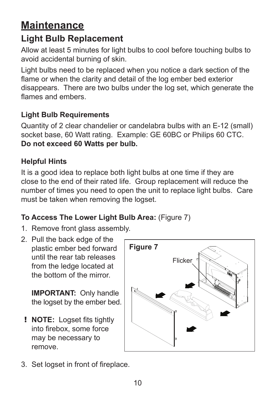 Maintenance, Light bulb replacement | Dimplex DF2426GB User Manual | Page 13 / 17