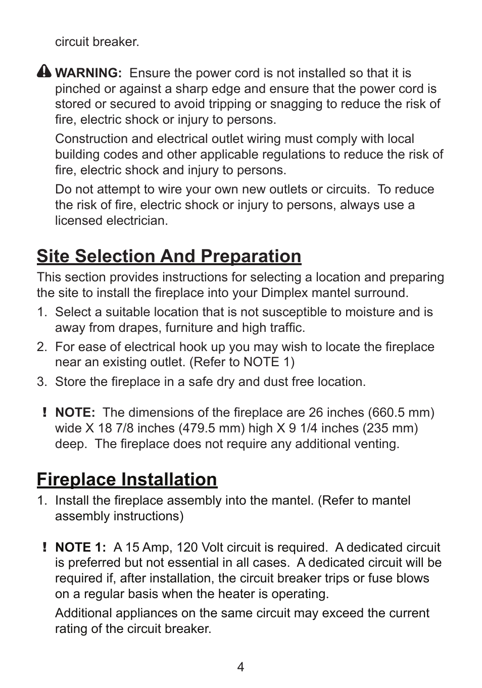 Site selection and preparation, Fireplace installation | Dimplex DF2426GB User Manual | Page 7 / 17