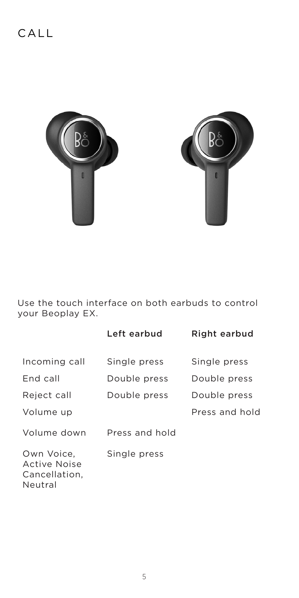 C a l l | Bang & Olufsen Beoplay EX Noise-Canceling True Wireless In-Ear Headphones (Anthracite Oxygen) User Manual | Page 6 / 212