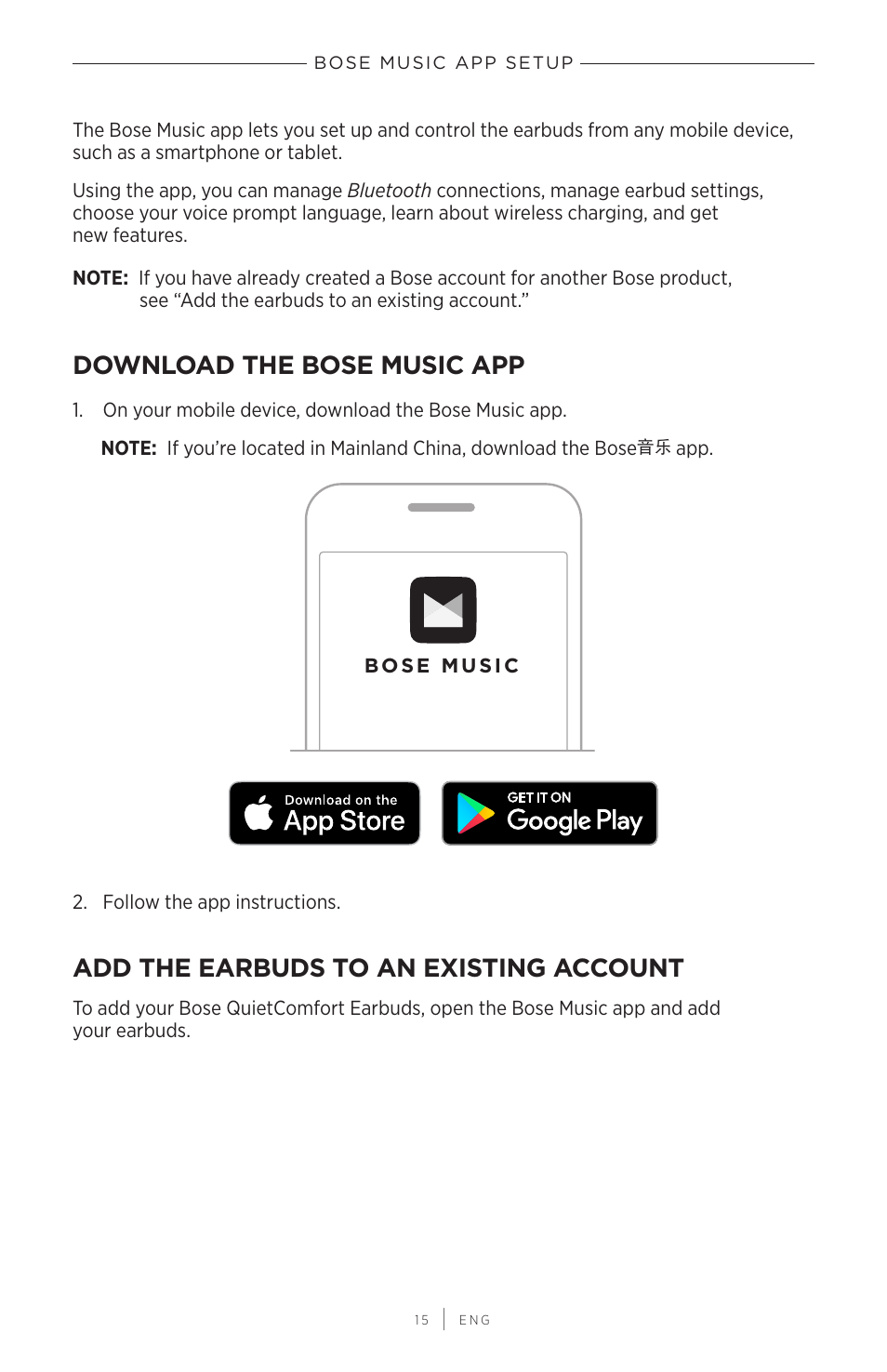 Bose music app setup, Download the bose music app, Add the earbuds to an existing account | Bose QuietComfort Earbuds II Noise-Canceling True Wireless In-Ear Headphones (Triple Black) User Manual | Page 15 / 49