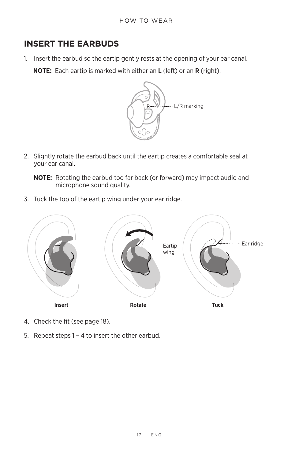 How to wear, Insert the earbuds | Bose QuietComfort Earbuds II Noise-Canceling True Wireless In-Ear Headphones (Triple Black) User Manual | Page 17 / 49