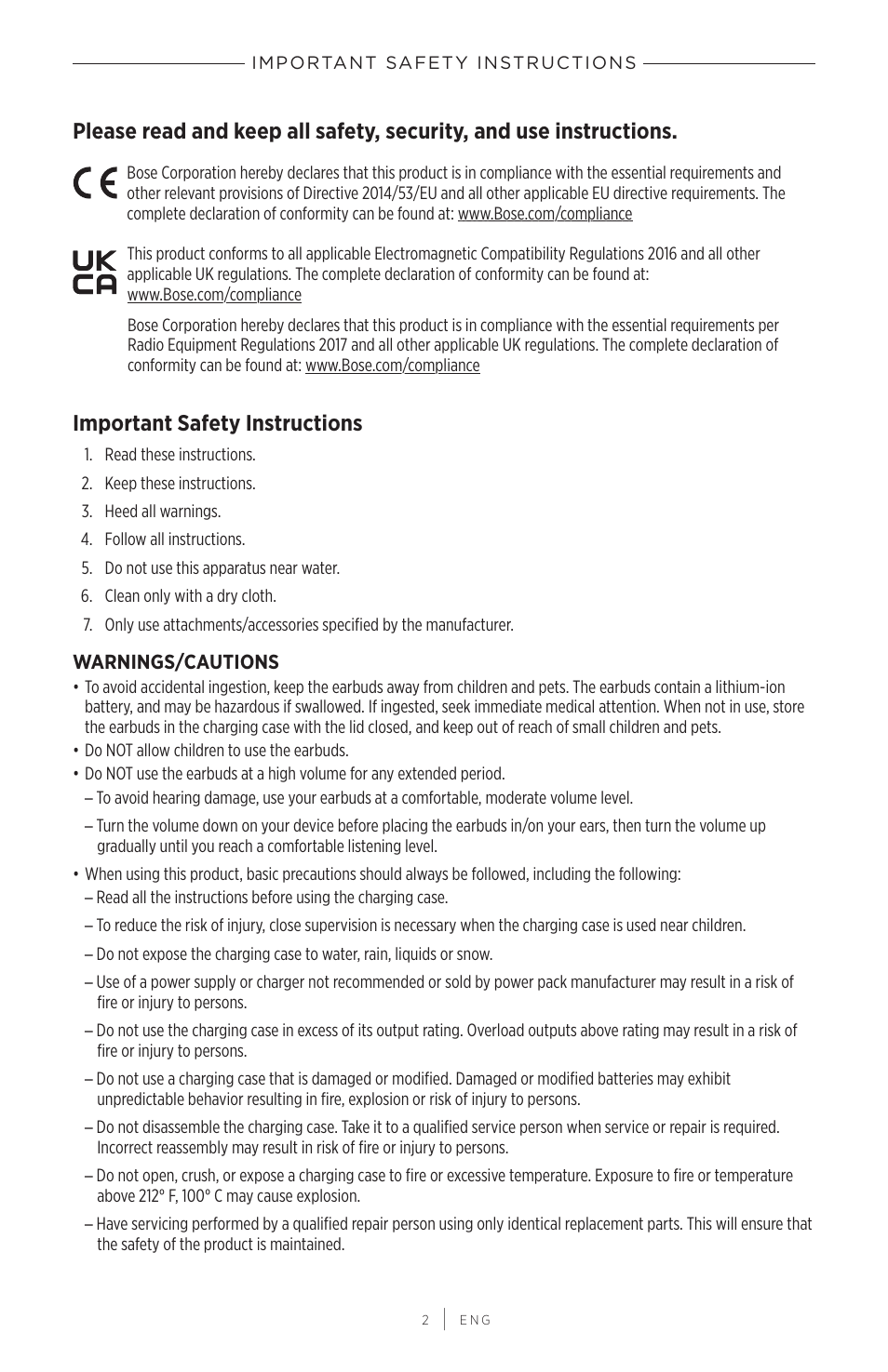 Important safety instructions | Bose QuietComfort Earbuds II Noise-Canceling True Wireless In-Ear Headphones (Triple Black) User Manual | Page 2 / 49