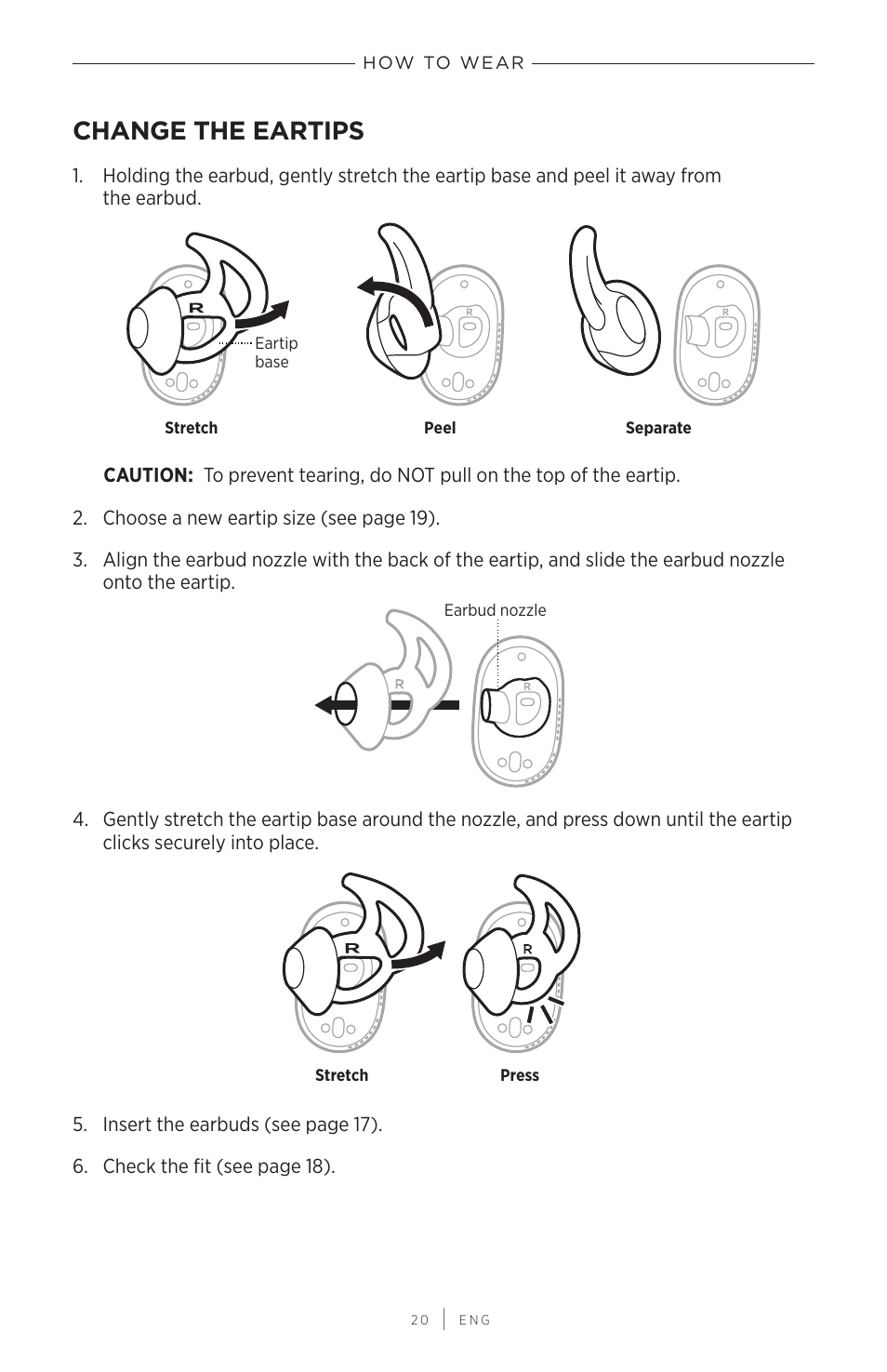 Change the eartips | Bose QuietComfort Earbuds II Noise-Canceling True Wireless In-Ear Headphones (Triple Black) User Manual | Page 20 / 49