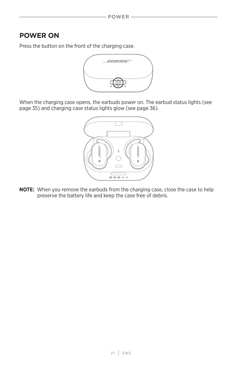 Power, Power on | Bose QuietComfort Earbuds II Noise-Canceling True Wireless In-Ear Headphones (Triple Black) User Manual | Page 21 / 49