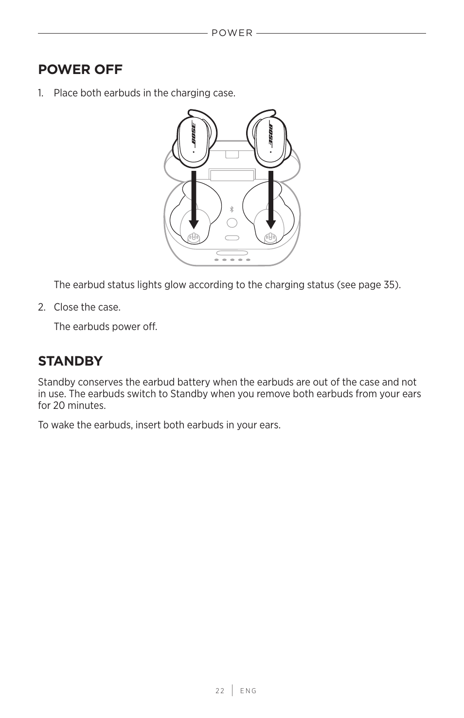 Power off, Standby, Power off standby | Bose QuietComfort Earbuds II Noise-Canceling True Wireless In-Ear Headphones (Triple Black) User Manual | Page 22 / 49