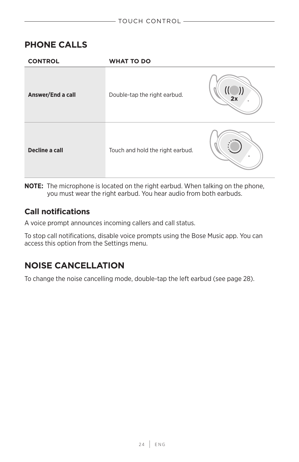 Phone calls, Call notifications, Noise cancellation | Bose QuietComfort Earbuds II Noise-Canceling True Wireless In-Ear Headphones (Triple Black) User Manual | Page 24 / 49